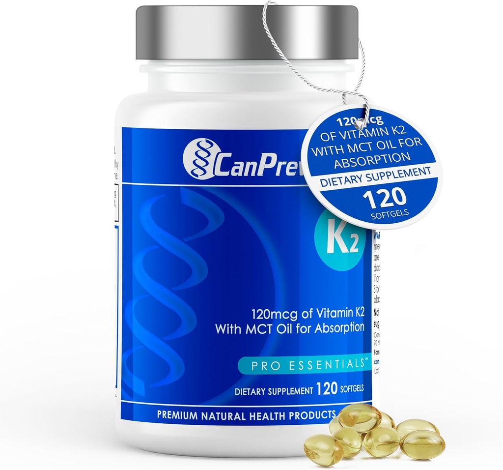 CanPrev K2 120mcg med Organic Coconut Oil, 120 Softgels 120- Day Supply - Forbedret Absorption til Optimal Bone og Tandstøtte, High Potency Vitamin K2 til opretholdelse af stærke knogler og tænder