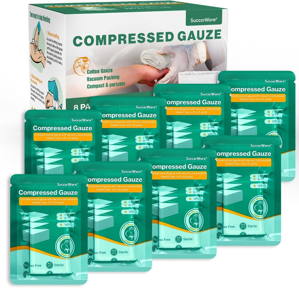 8 Pakninger Steril Komprimeret Gauze med Z- Foldet - Sår Gauze for Bleed Stop, 4.5 "x 4.1 Yards, 6-Ply - for førstehjælp kit, Medical Trauma Kit, IFAK Supplies Refill