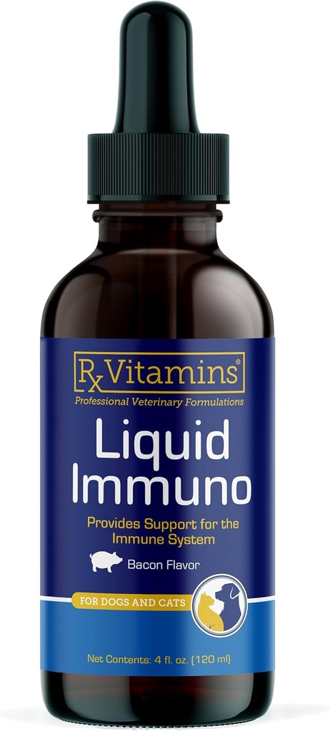 Rx Vitaminer flydende immuno hund & kat immunforsvar - Reishi champignon supplement til hunde & katte Plus L- Lysin - Ideel øje kosttilskud, Immunitet booster kosttilskud til kæledyr - 4 oz