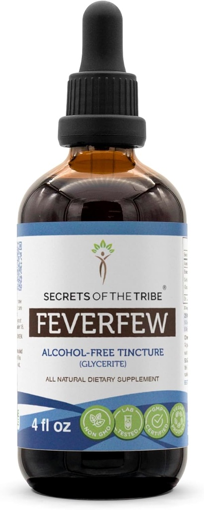 Secrets of the Tribe Fevermoney Alcohol- Free Liquid Extract, Fevermoney (Tanacetum parthenium) Tørret Herb Tincture Supplement (4 FL OZ)