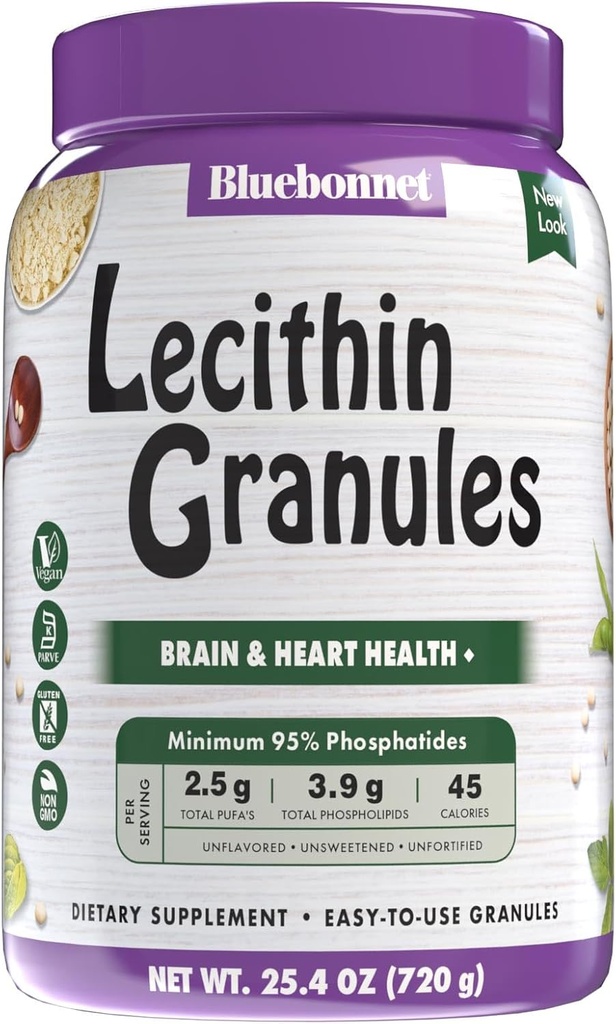 Bluebonnet Nutrition Super Earth Lecithin Granules, Afledt fra non-GMO soy, Gluten-fri, non-GMO, Vegan, Kosher Certified, Ingen sukker tilføjet, 25.4 oz, 96 Serveringer