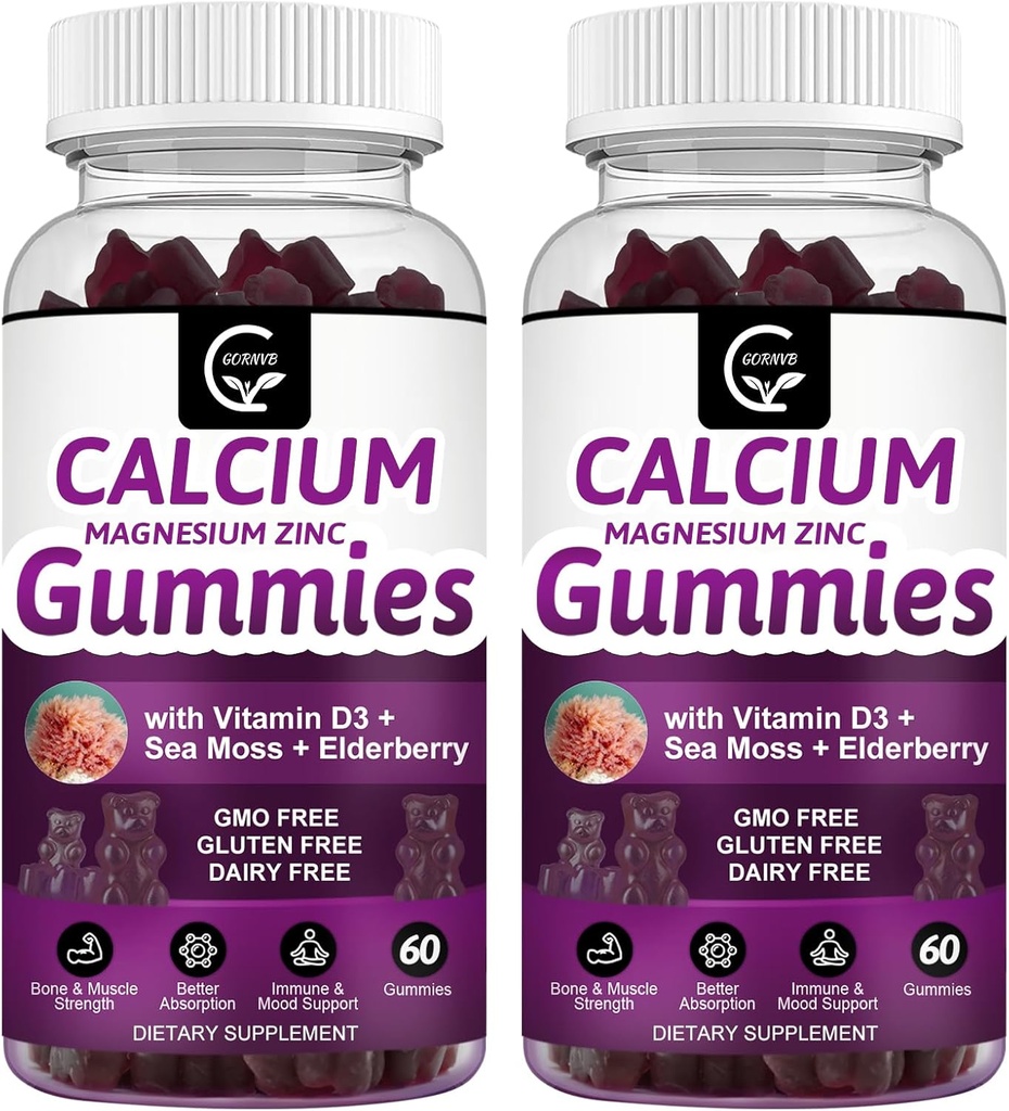 Calcium Magnesium Zinkgummier med høj absorption Magnesium Glycinat Kalium - Plant Complex Calcium Magnesium 2: 1 Ratio, med D3 Sea Moss til Knogler, Muskler, Immun & Sleep Support, Vegan-2 Pack