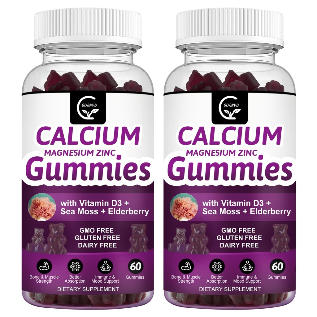 Calcium Magnesium Zinkgummier med høj absorption Magnesium Glycinat Kalium - Plant Complex Calcium Magnesium 2: 1 Ratio, med D3 Sea Moss til Knogler, Muskler, Immun & Sleep Support, Vegan-2 Pack