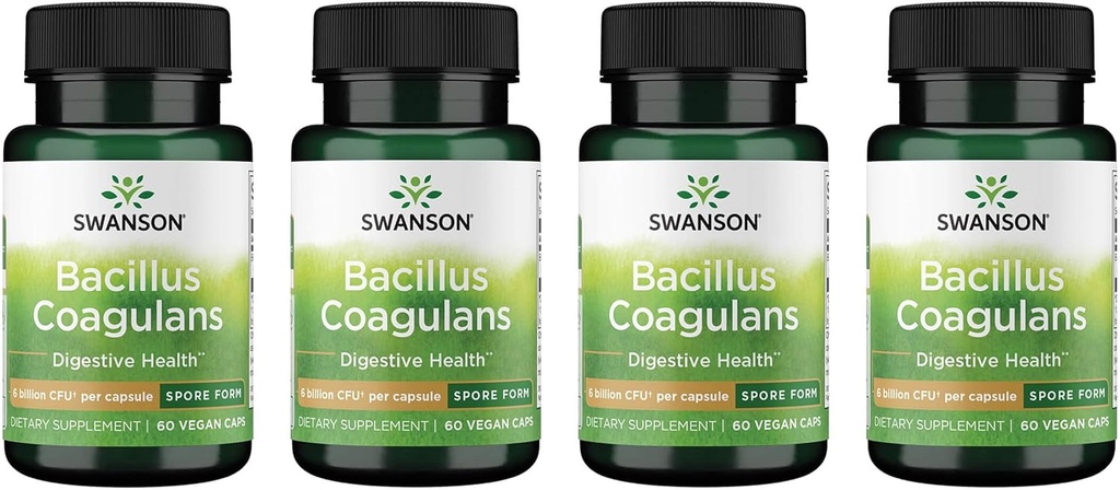 Swanson Bacillus Coagulans - Natural Probiotic Supplement Support Fordøjelsessundhed w / 6 Billion CFU - Kan Support GI & Samlet Gut Sundhed - (60 Veggie kapsler) 4 Pack