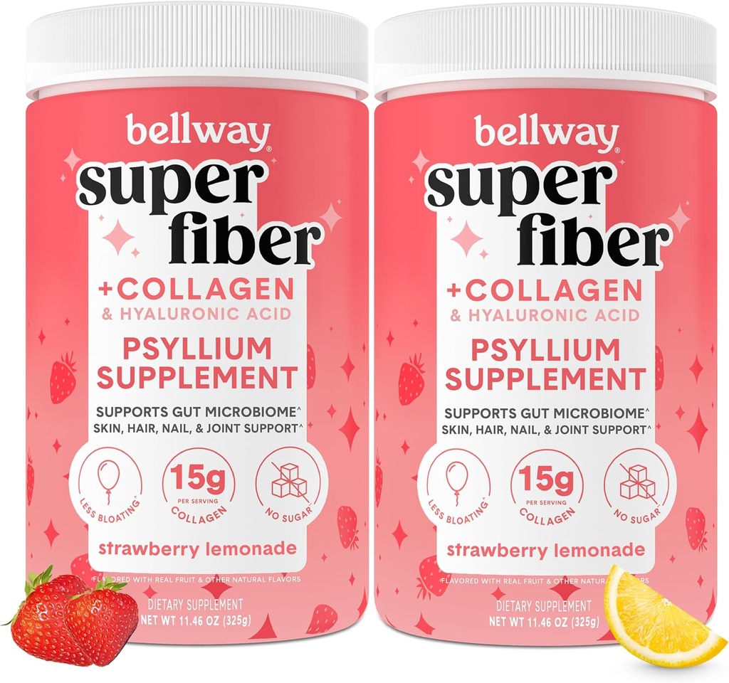 Bellway Super Fiber Powder + Collagen (2 Pack), Sugar- Free Psyllium Husk Powder med Collagen Peptider til Gut Health, Sund Hud, Nails, Bones & Joints, Strawberry Lemonade (22.92 oz)
