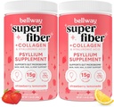 Bellway Super Fiber Powder + Collagen (2 Pack), Sugar- Free Psyllium Husk Powder med Collagen Peptider til Gut Health, Sund Hud, Nails, Bones & Joints, Strawberry Lemonade (22.92 oz)