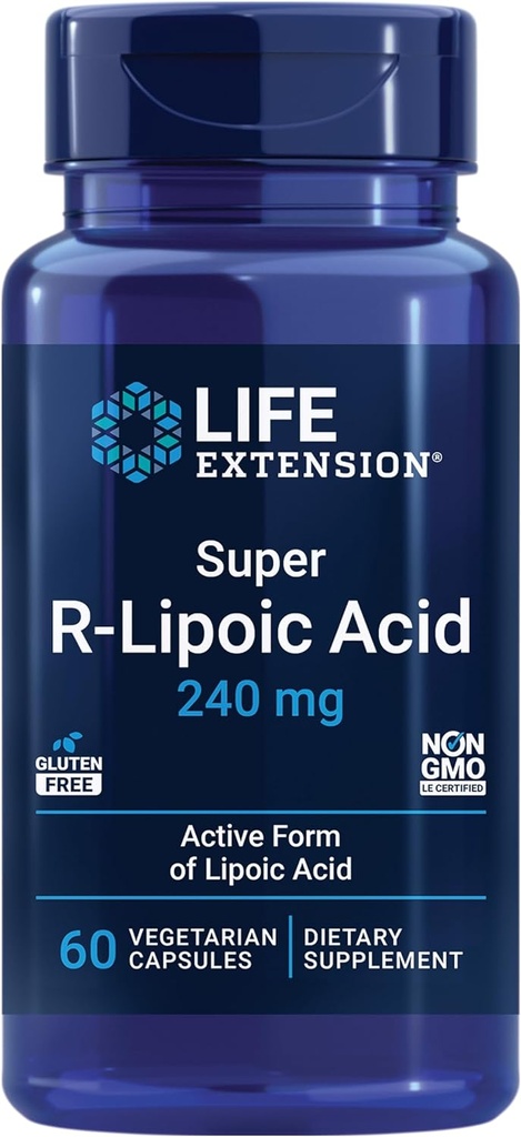 Life Extension Super R- Lipoic Acid - Sund Aging, oxidativ Stress Defense - med 240 mg aktiv R- Form af R- Lipoic Acid - Gluten- Free - Non-GMO - Vegetar - 60 Kapsler