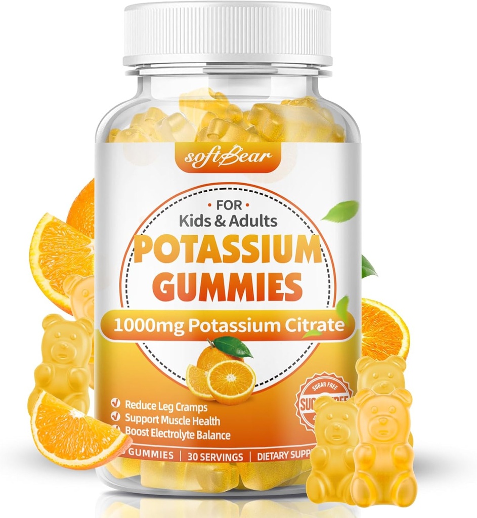 softbear Kalium Citrate 1000mg, Sugar Free Kalium Gummies for adult Support Leg Cramp & Muscle Health High Potency Kalium Supplement Gummies Orange Flavor 60 Greve