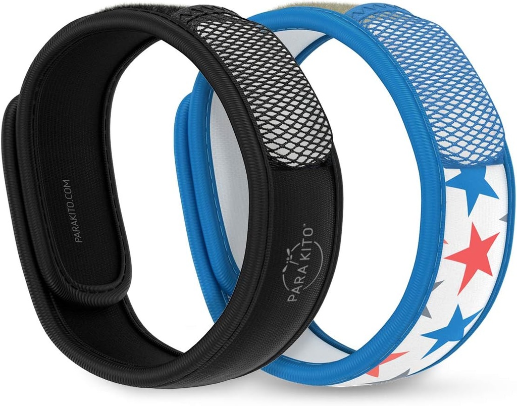 PARA 'KITO Mosquito Repellent Armbånd + Refill Pellets Bundle, Mosquito Armbånd, Pebermynte Oil, DEET Free Mosquito Repeller, Vandreture Tilbehør, 2 armbånd & 2 Repills (Black + Stars)