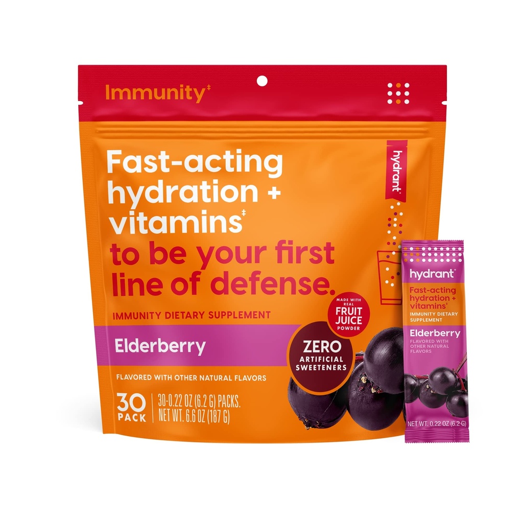 Hydrant - Immunitet Electrolyte Powder, Elderberry Flavor, 30 Instant Rehydration Stick Packs - Electroyte Blend med C-vitamin, D-vitamin og zink til immunforsvar