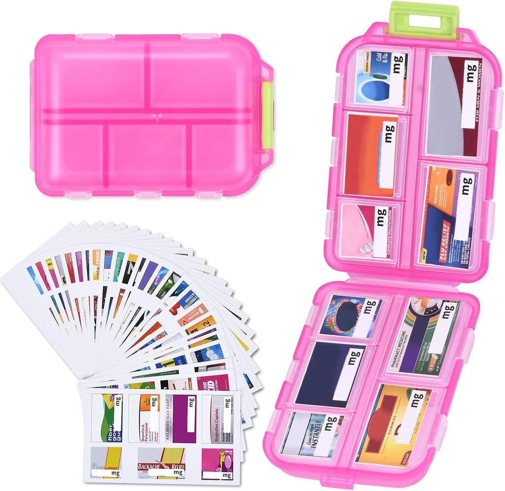 1 Pack 10 GRIDS Travel Pill Organizer Box with 189 Labels - Travel Medicine Case Kit - Pocket Daily Pharmacy Container - Travel Medication Holder Dispenser for Fish Oil Vitamin Supplement Storage