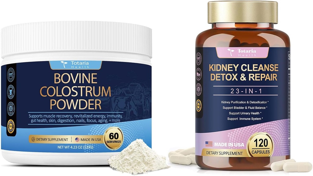 Totaria 120 Counts Nyre rense Detox & reparation kapsler + Bovin Colostrum supplement pulver