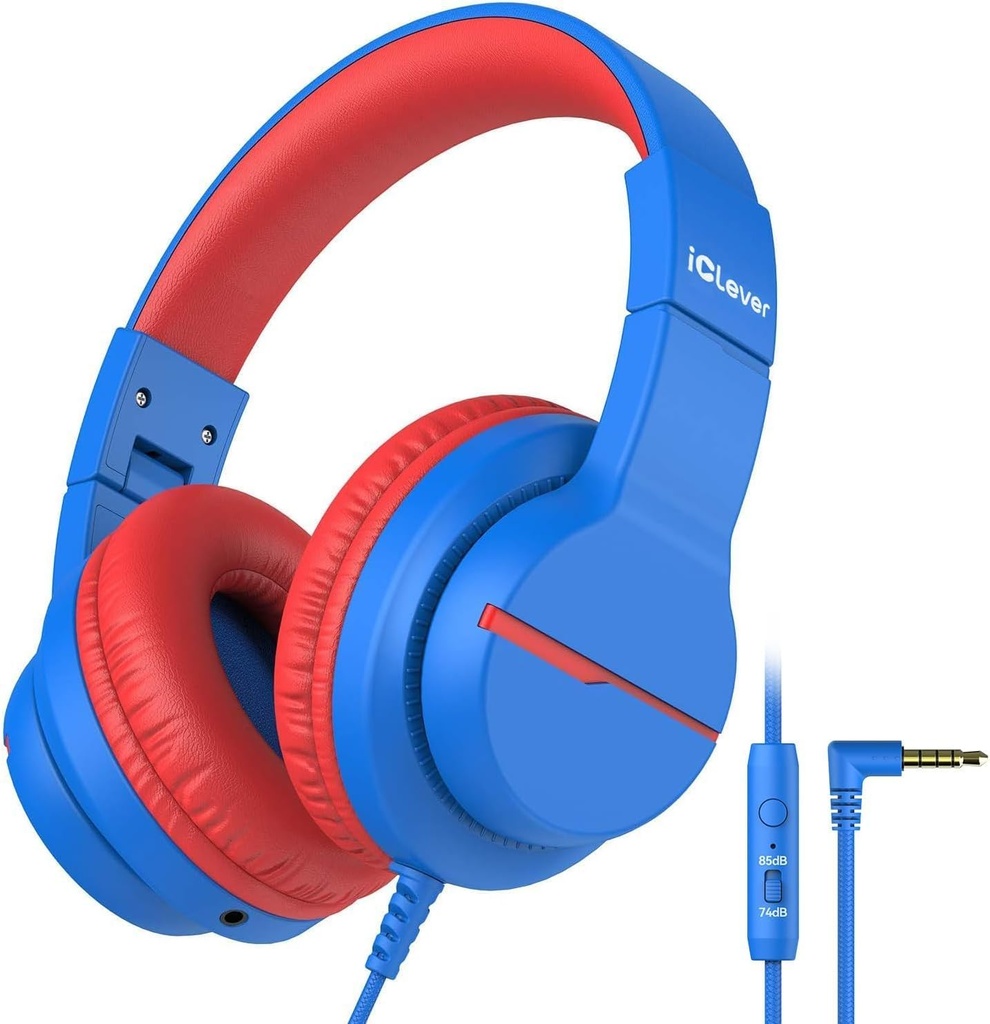 iClever Kids Headphones for School Travel, Safe Volume Limited, HD Mic Stereo Sound Over- Ear Girls Boys Headphones for Kid, FunShare Foldable 3.5mm Wired til iPad Computer, HS19
