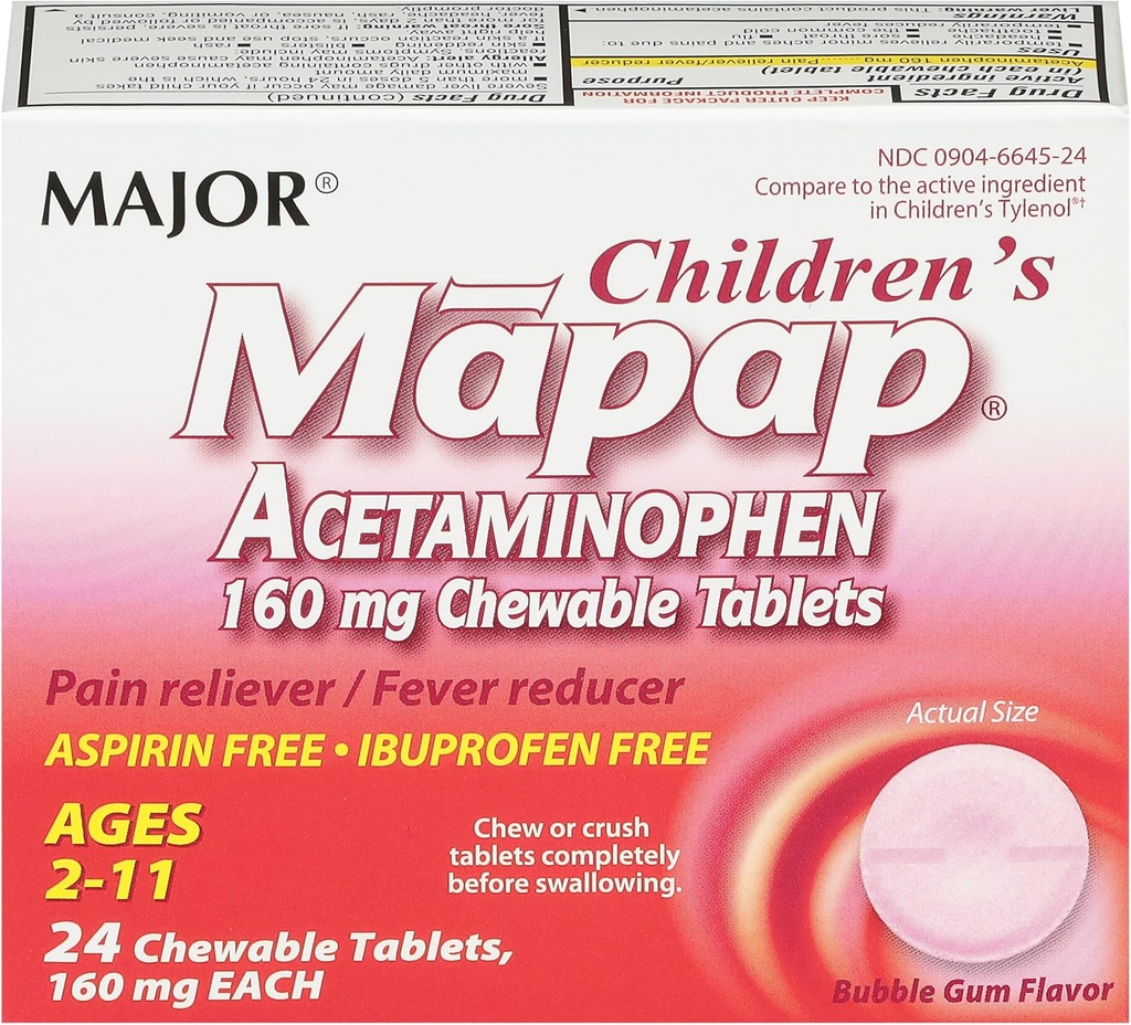 MAJOR Children’s Mapap Acetaminophen 160 mg Chewable Tablets - Pain Reliever/Fever Reducer - Aspirin Free - Ibuprofen Free - for Ages 2 to 11-24 Count (1 Pack)