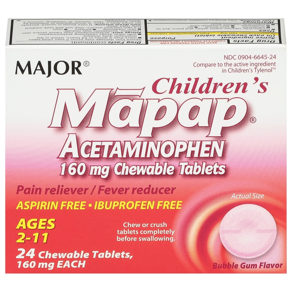 MAPAP Acetaminophen 160 mg Chewable Tablets - Pain Reliever / Fever Reducer - Aspirin Free - Ibuprofen Free - for alderen 2 til 11 - 24 Greve (1 pakke)