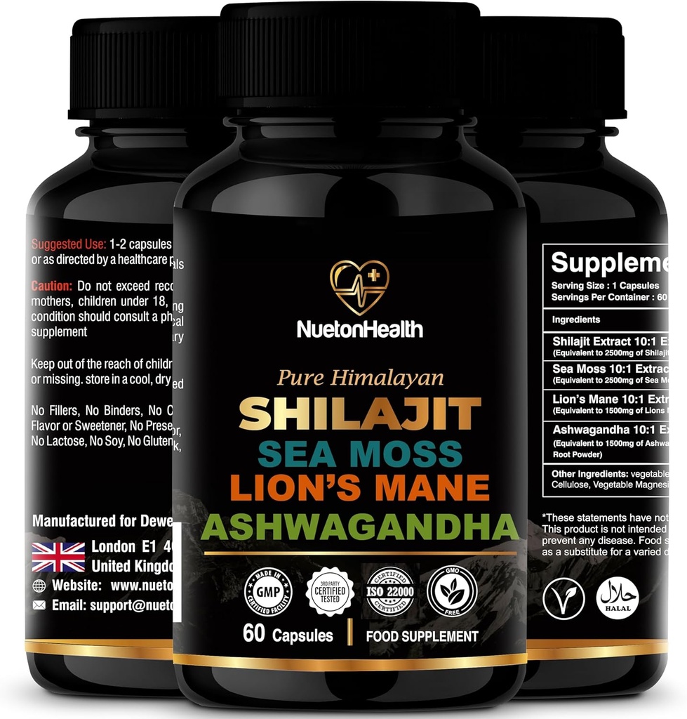Shilajit, Sea Moss, Lions Mane, og Ashwagandha Kapsler - Omfattende All- in-One Wellness supplement til sind, krop og vitalitet - 60 Veganske Kapsler
