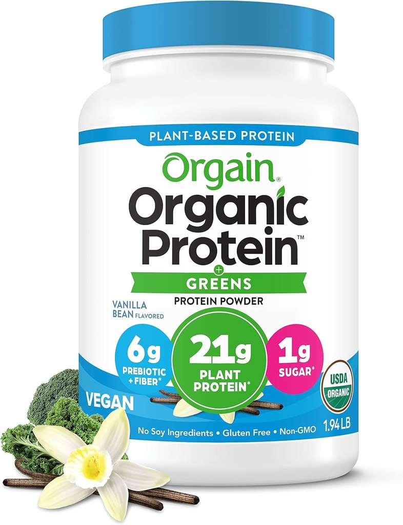 Orgain Organic Vegan Protein Powder + Greens, Vanilla Bean - 21g Plant Based Protein, Gluten Free, Dairy Free, Lactose Free, Soy Free, Ingen sukker Tilføjet, Med jern & Prebiotika til Gut Health - 1.94lb