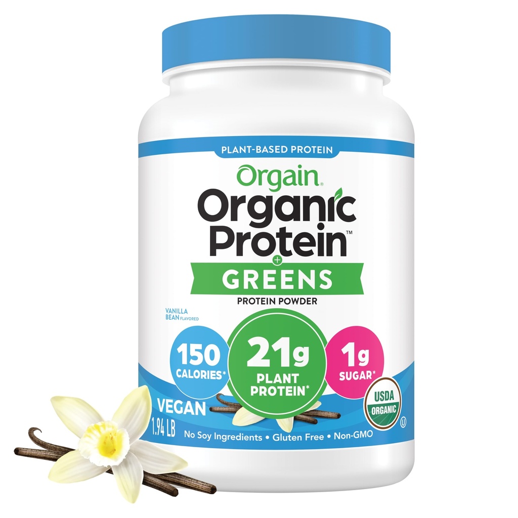 Orgain Organic Vegan Protein Powder + Greens, Vanilla Bean - 21g Plant Based Protein, Gluten Free, Dairy Free, Lactose Free, Soy Free, Ingen sukker Tilføjet, Med jern & Prebiotika til Gut Health - 1.94lb