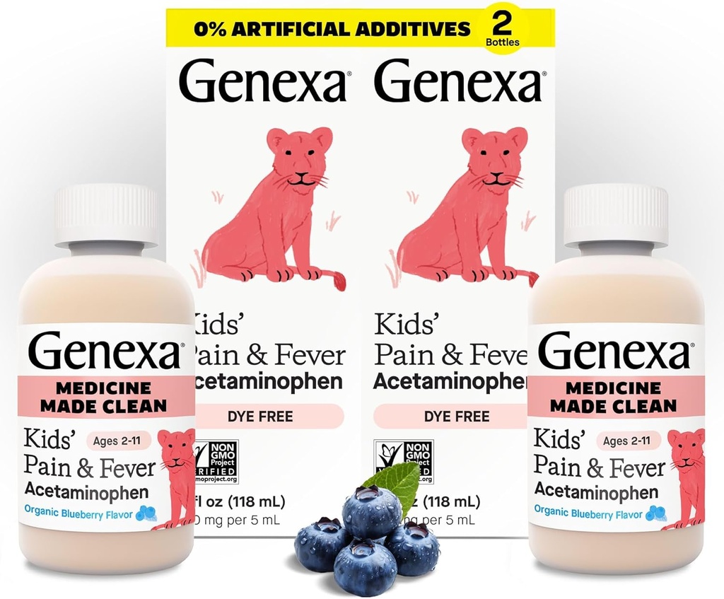 Genexa Children 's Clean Acetaminophen Mea124; Pediatrician Foretrukne Ingredienser Mea 124; Pain & Fever Reducer for Kids Measures 124; Dye Free, 0% Kunstige Additiver Measures 124; Age 2- 11, Delicious Organic Blueberry Liquid, 4 fl oz
