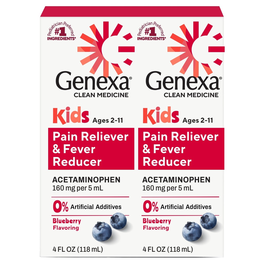 Genexa Children 's Clean Acetaminophen Mea124; Pediatrician Foretrukne Ingredienser Mea 124; Pain & Fever Reducer for Kids Measures 124; Dye Free, 0% Kunstige Additiver Measures 124; Age 2- 11, Delicious Organic Blueberry Liquid, 4 fl oz