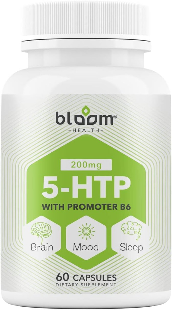 5 HTP 200mg tillæg, vitamin B6 naturlig søvn, koncentrering, Mood Enhancer- 4 i 1 Formel Vegan Gluten, Hvede, Lactose, Soy- Free Kapsler - 60 Tæl
