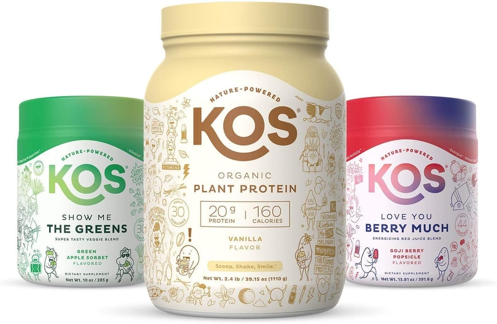 KOS PowerPlant Bundle (Organic Plant- Based Vanilla Protein Powder + Organic Red Blend + Organic Green Blend)