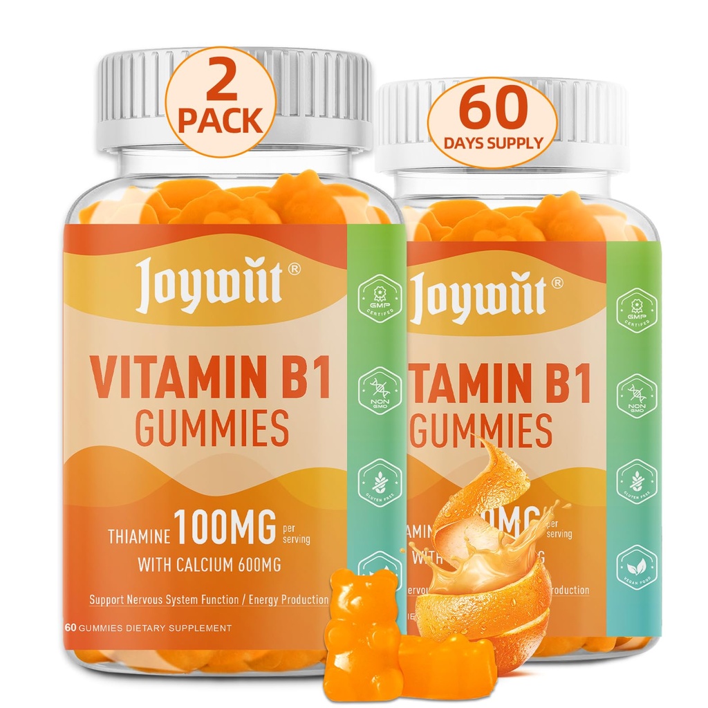 Vitamin B1 Gummies 100mg til voksne og børn, Thiamin B1 tillæg med 600mg Calcium, Nervesystemet Understøtter & Boost Energy, Orange Flavor, Ikke GMO, Vegan, 120 tyggetumies