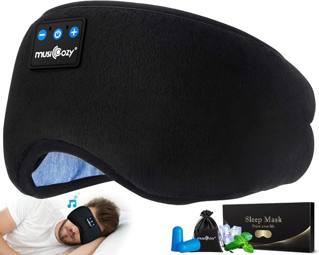 MUSICOZY Sovehovedtelefoner Bluetooth 5.4 Headband Sleeping Eye Mask til mor Kvinder Mænd Trådløs musik Earbuds Earphones til Side Sleepers Build- in HD Speakers Cool Gadgets Unik Gaver