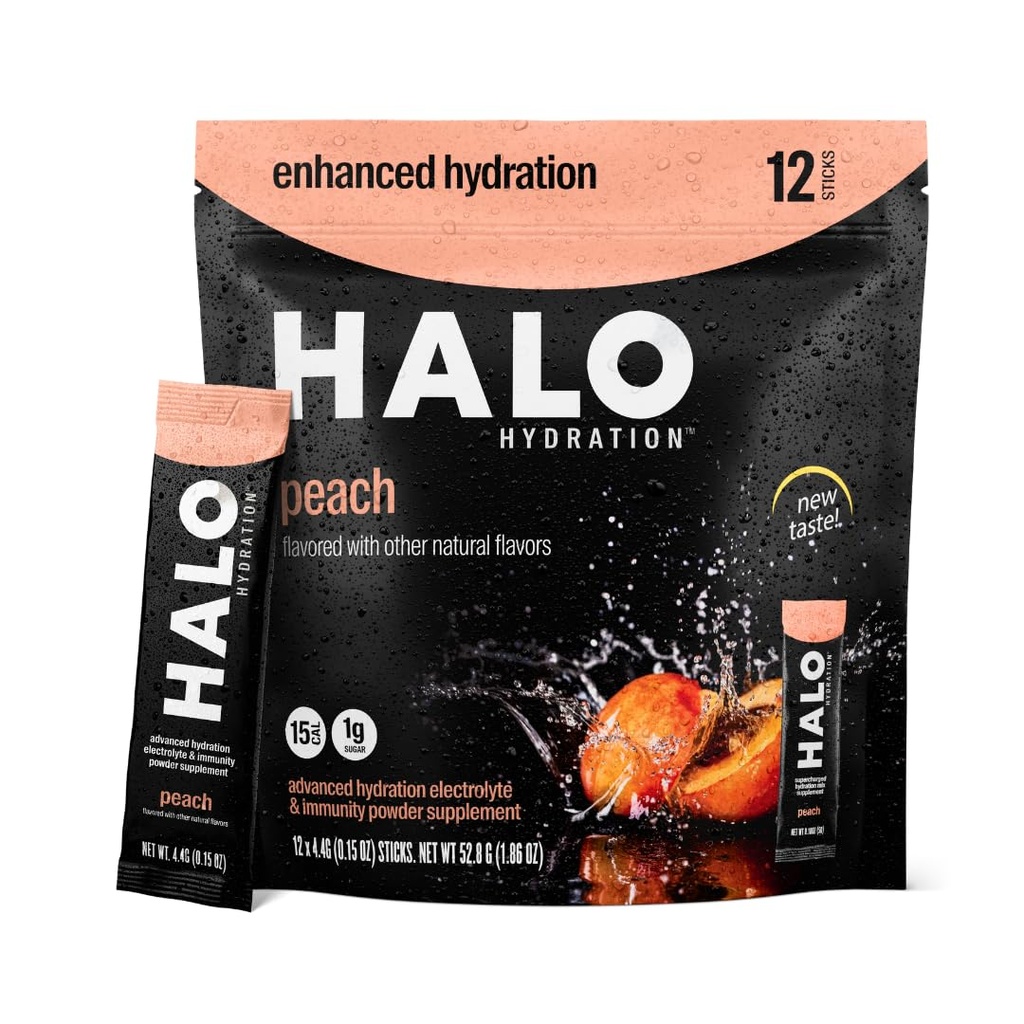 HALO Hydration - Electrolyte Drink Mix 124; Hydration Powder Packet- 124; Peach Flavor - Til sport og cykling Budd124; Easy Open Single Serving Stick 124; 12 sticks