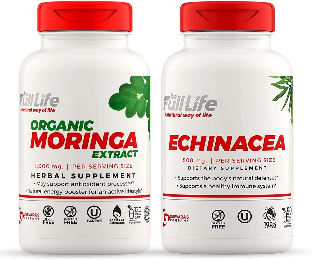 Full Life Moringa og Echinacea Kapsler - Urtetilskud - Moringa Pills til kvinder og mænd - Natural Energy Booster - Kosher, Gluten- Free - Veggie Caps