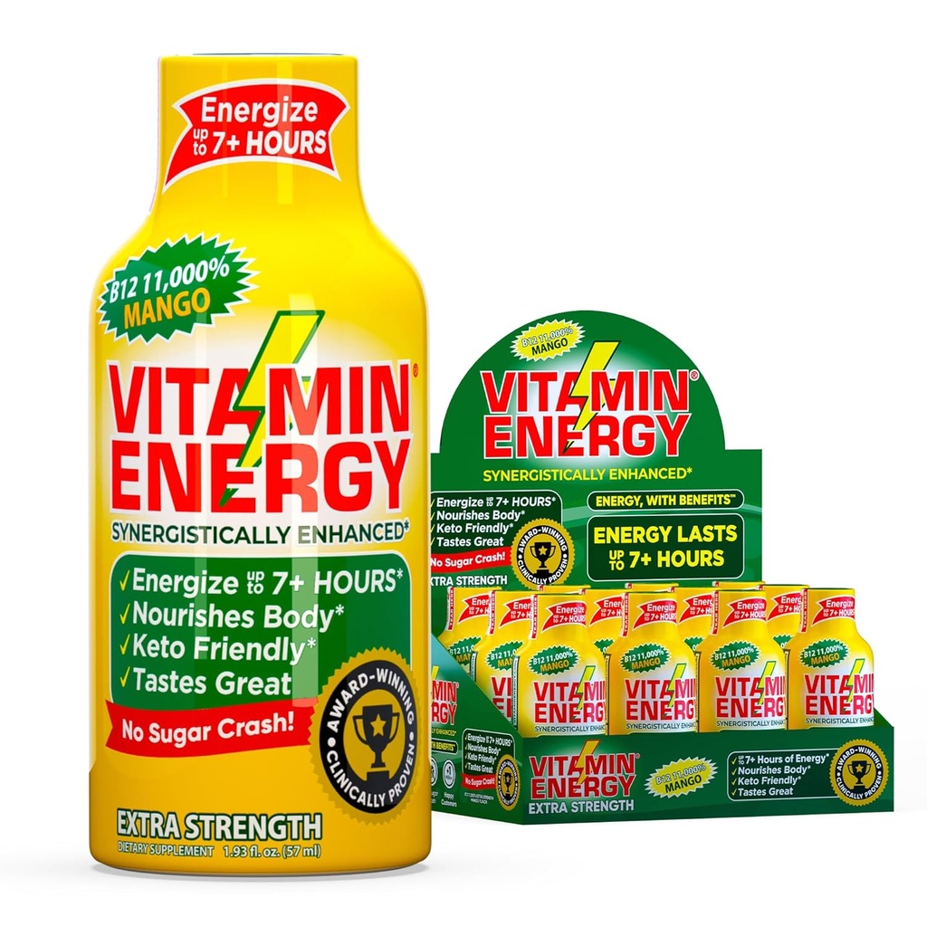 Vitamin Energi B12 11.000% Ekstra Styrke Energi Shot Mango 12 Pack, 260mg Naturlig Koffein, B12 & B6, Nootrope Focus, Vitality, Zero Sugar, Gluten- Free, Vegan, Kosher, 1.93 fl oz