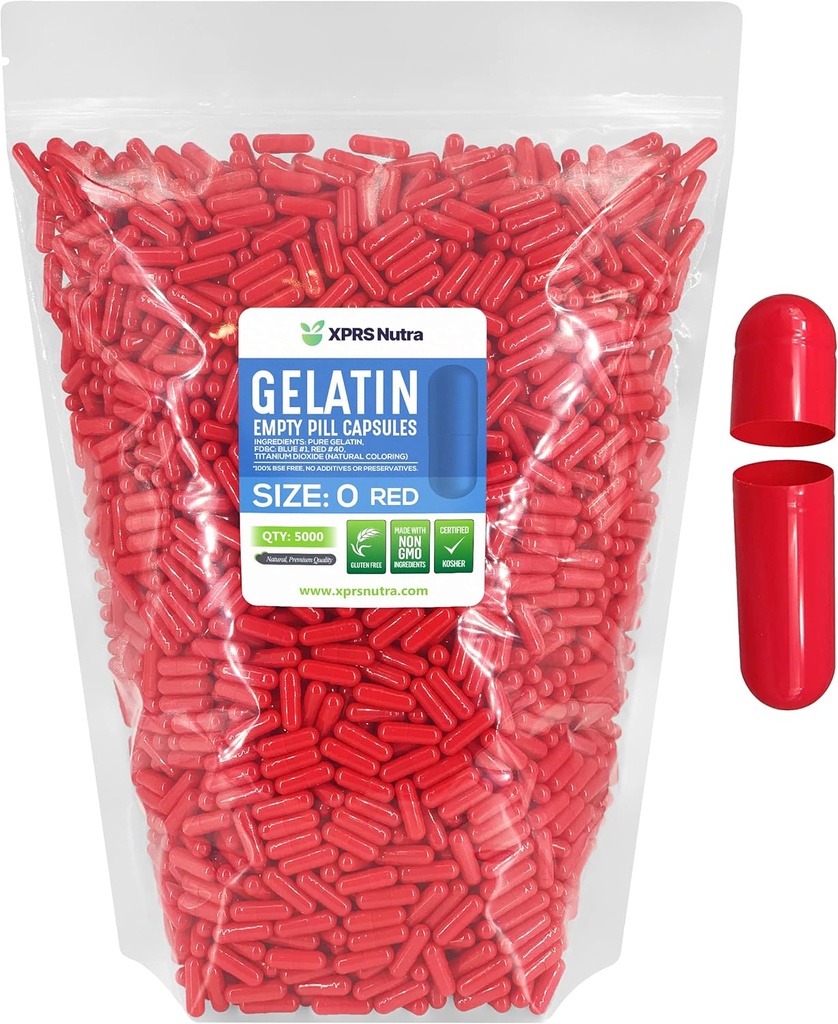 XPRS Nutra Størrelse 0 Tomme kapsler - 5000 Tomme Gelatine kapsler - Pille gør det - Pure Bovin Pills Gel Caps til Do- It- Yourself Kosttilskud (rød)