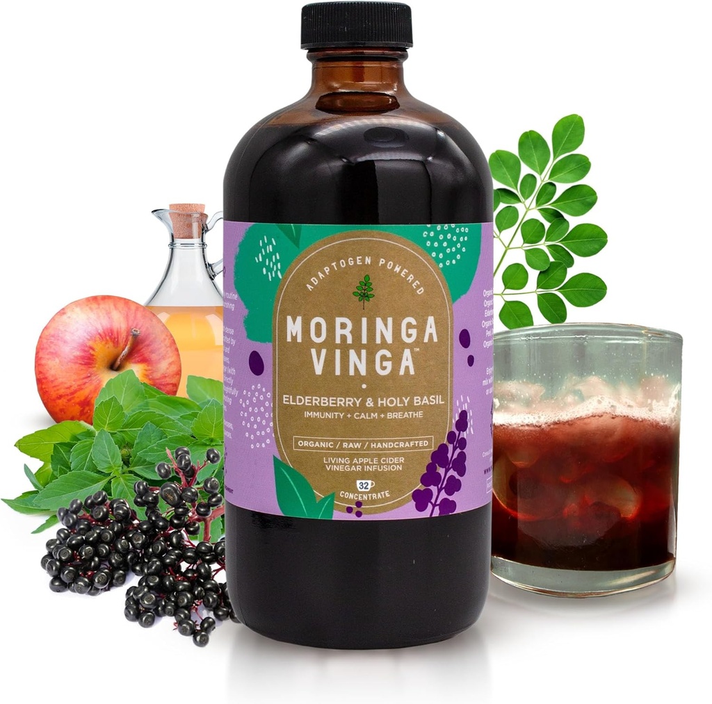 VINGA Organic Elderberry & Holy Basil Moringa Infusion - Daily Herbal Tonic med Apple Cider Vincipes, Ginger, Hibiscus, Honning Medic124; Understøtter immunforsvar & Samlet wellness Medic124; Non- GMO, 16 oz