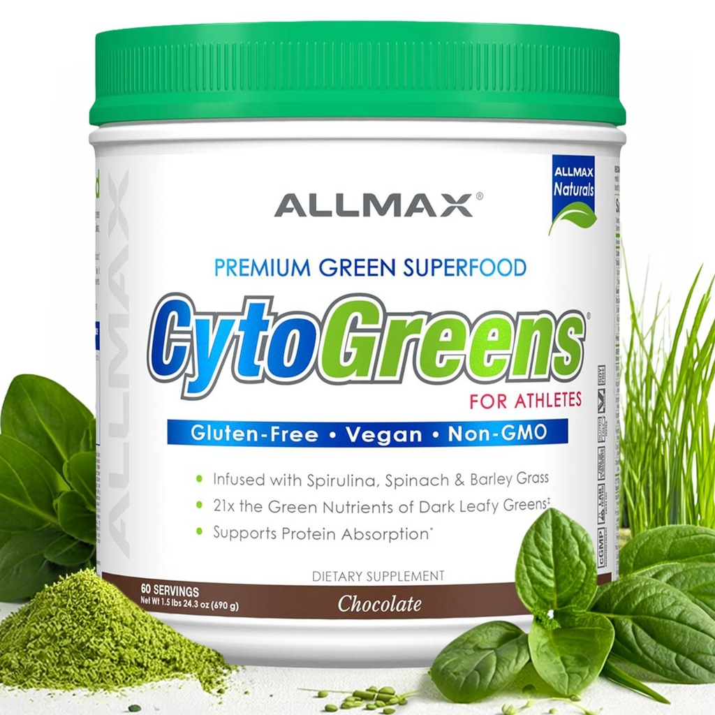 ALLMAX CYTOGREENS, Chokolade - 1,5 lbs - Understøtter ydeevne, Inddrivelse & Energi - med Spirulina, Chlorella, Spinat, Barley Grass & Green Tea - 60 Servere