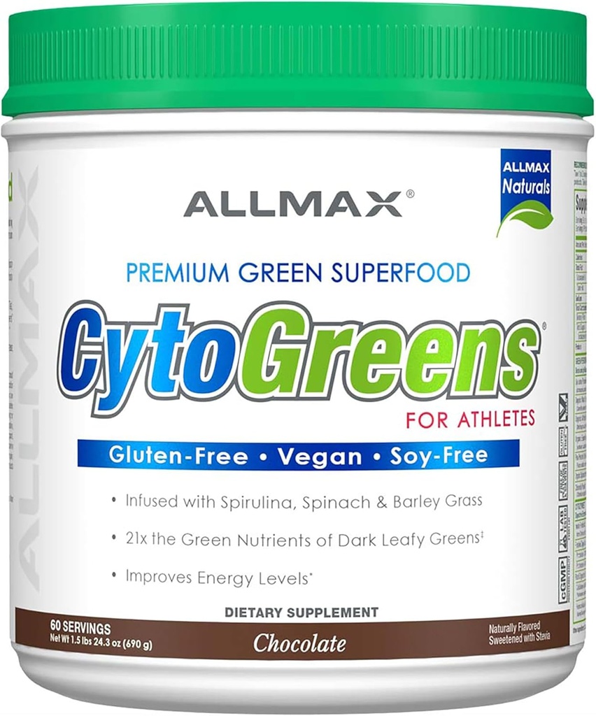 ALLMAX CYTOGREENS, Chokolade - 1,5 lbs - Understøtter ydeevne, Inddrivelse & Energi - med Spirulina, Chlorella, Spinat, Barley Grass & Green Tea - 60 Servere