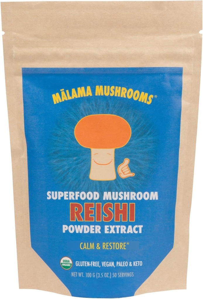 Malama Organic Reishi Mushroom Powder, Pure Fruiting Body Extract, Adaptogen Superfood til immunforsvar og wellness, 100 Servere