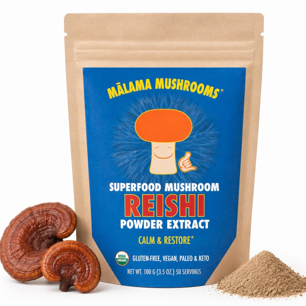 Malama Organic Reishi Mushroom Powder, Pure Fruiting Body Extract, Adaptogen Superfood til immunforsvar og wellness, 100 Servere