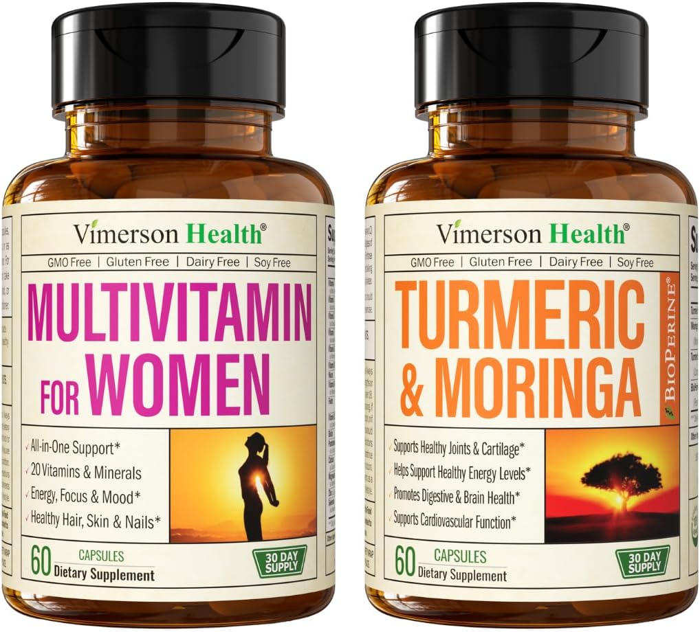 Vimerson Sundhed kvinders Multivitamin & gurkemeje Moringa supplement til immunforsvar, energi, mood, hår, hud, negle, joints og fordøjelse.