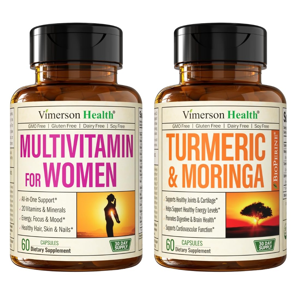 Vimerson Sundhed kvinders Multivitamin & gurkemeje Moringa supplement til immunforsvar, energi, mood, hår, hud, negle, joints og fordøjelse.