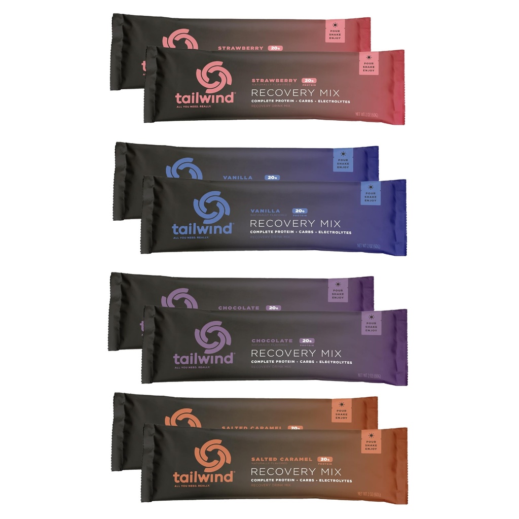 Tailwind Nutrition Graband-Go Recovery Mix, 20g Komplet Protein, Single-Serving Assortment, 2 Chokolade, 2 Vanilla, 2 Jordbær, og 2 Saltet Caramel Flavors, 8 -Pack Sports Recovery Stick Packs