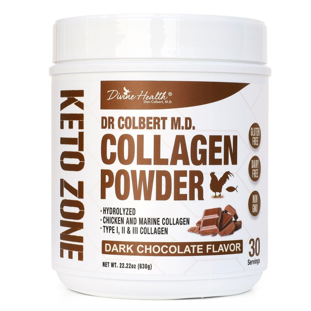 Dr. Colbert, MD Hydrolyzed Collagen Powder | Chocolate Flavor | by Divine Health | Type I, II, III Chicken & Marine Collagen | Keto Zone | Support Hair, Skin, Nails & Joints | 630g | 30 Servings
