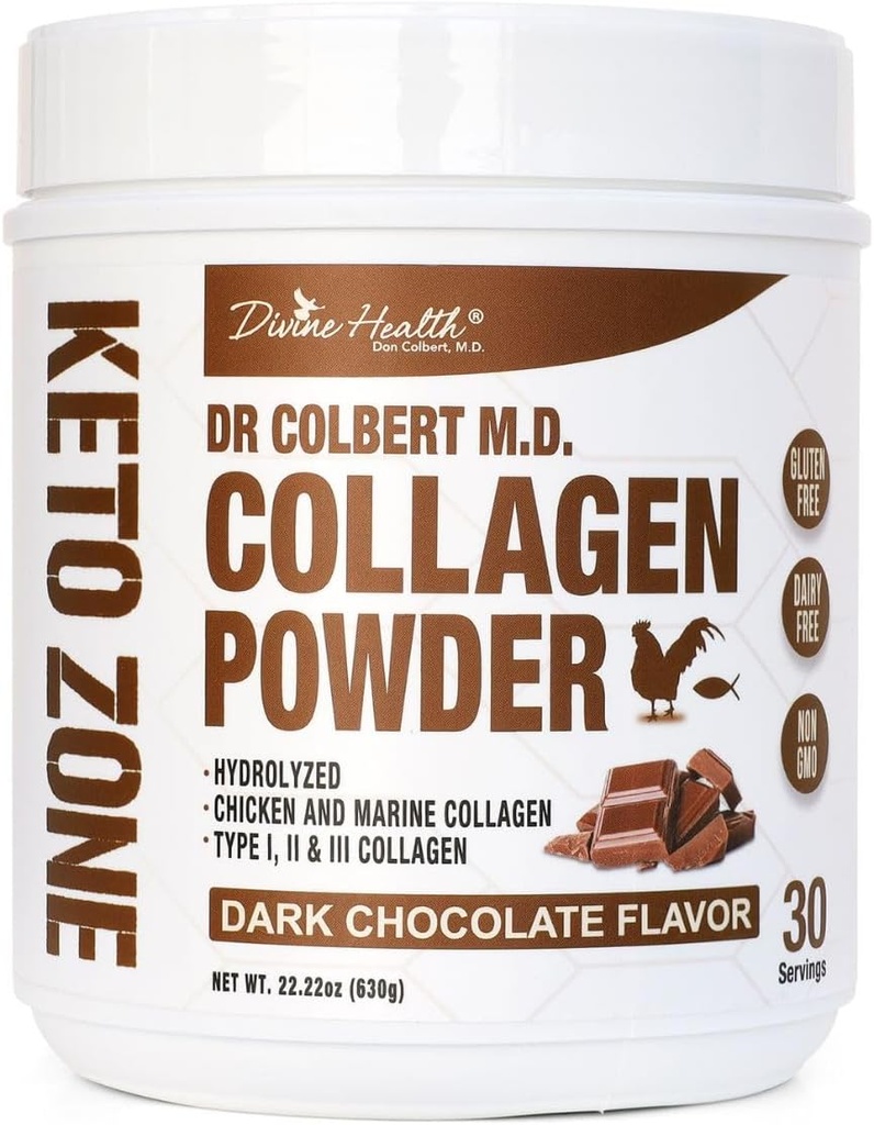 Dr. Colbert, MD Hydrolyzed Collagen Powder Dex124; Chocolate Flavor Dex124; af Guddommelige Sundhed Dex124; Type I, II, III Kylling & Marine Collagen Dex124; Keto Zone Dex124; Support Hår, Hud, Nails & Joints Dex124; 630g Dex124; 30 Tjenester
