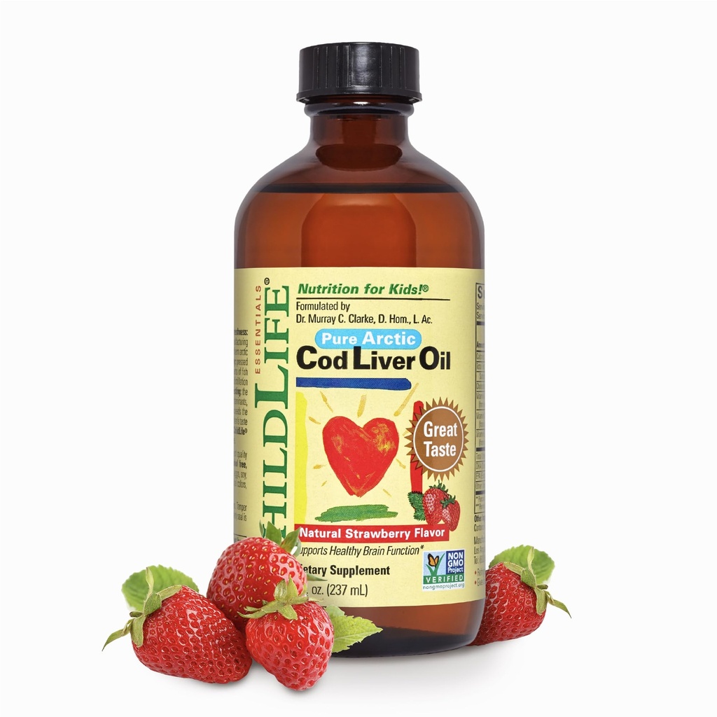 BEDLIV VÆSENTLIGE KODE Lever Olie til børn - Kids Cod Lever Olie Væske, for Babyer 6 + Måneder, Toddlers, Tilføjet DHA, EPA, Omega-3 Fedtsyrer - Jordbær, 8 fl oz