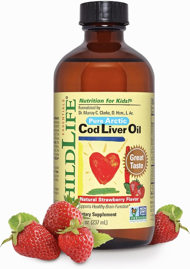 BEDLIV VÆSENTLIGE KODE Lever Olie til børn - Kids Cod Lever Olie Væske, for Babyer 6 + Måneder, Toddlers, Tilføjet DHA, EPA, Omega-3 Fedtsyrer - Jordbær, 8 fl oz