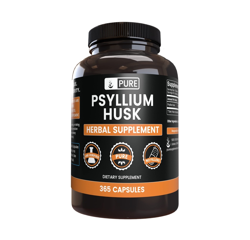PURE ORIGINAL INGREDIENSER Psyllium Husk (365 kapsler) Ingen Magnesium eller Rice Fillers, Altid Pure, Lab Verified