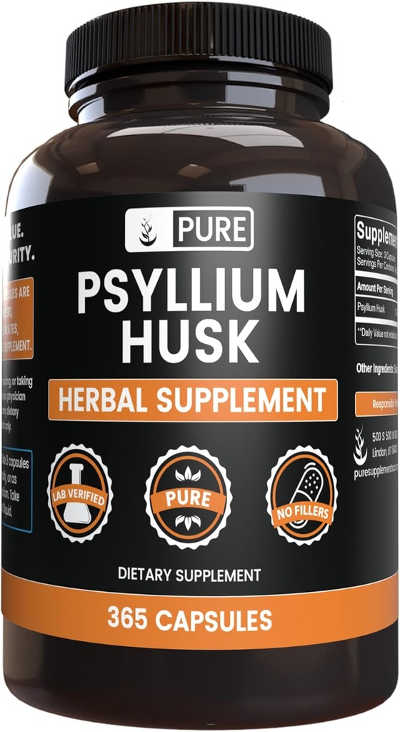 PURE ORIGINAL INGREDIENSER Psyllium Husk (365 kapsler) Ingen Magnesium eller Rice Fillers, Altid Pure, Lab Verified