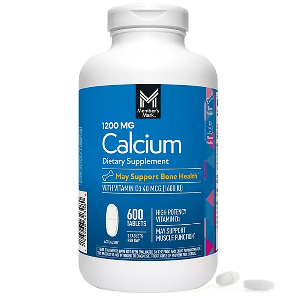 Medlemmer Mark Calcium med vitamin D3 tabletter, 600 ct. - Understøtter ben & muskel sundhed - høj potens Calcium 1200 mg & vitamin D3 40 mcg
