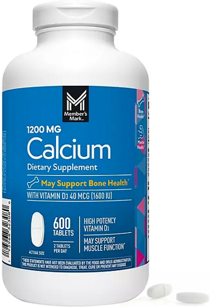 Members Mark Calcium with Vitamin D3 Tablets, 600 ct. - Supports Bone & Muscle Health - High Potency Calcium 1200 mg & Vitamin D3 40 mcg