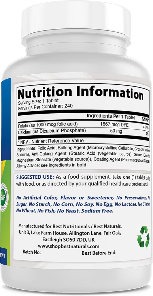 Bedste Naturals Folinsyre 1000 mcg & Magnesiumoxid 500 mg