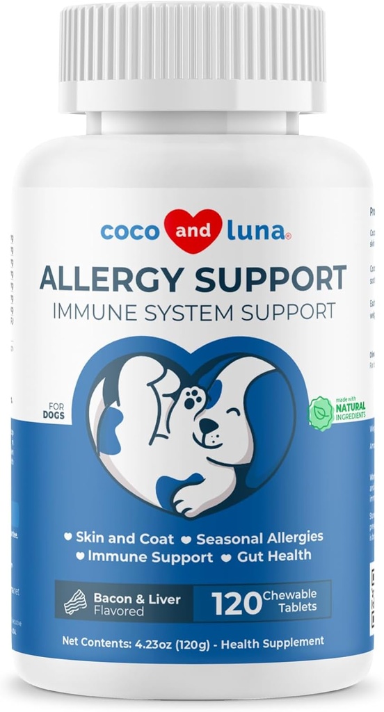 Allergi support til hunde - 120 tyggetabletter - med C-vitamin, Omega 3 og Colostrum - Itch Relief, Allergi Relief til hunde, Hud Sother - med Probiotika til immunsystemet sundhed